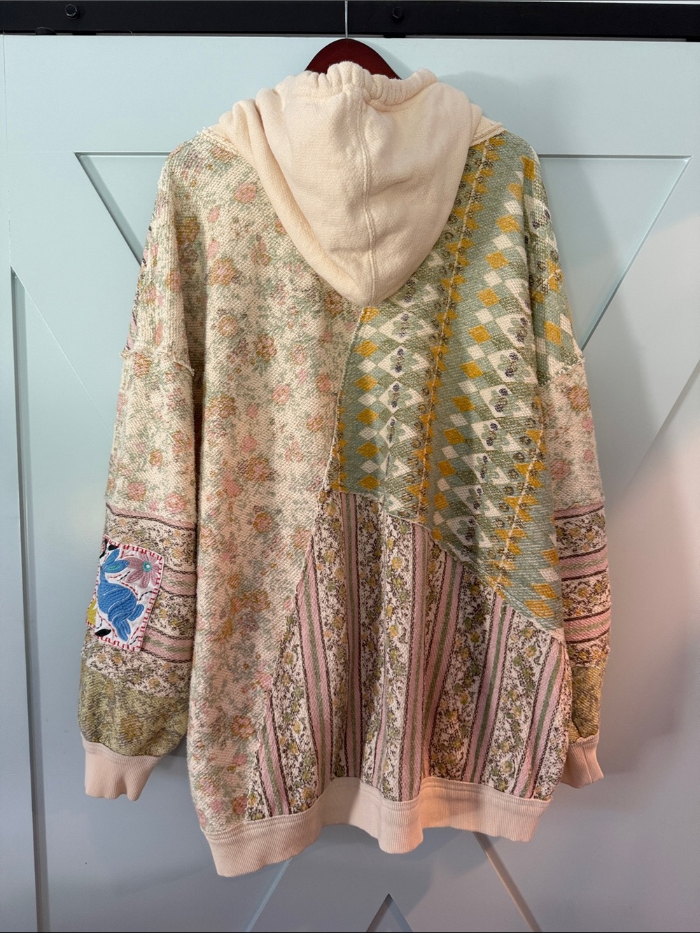 Free People Patchwork Zip-Up Hoodie in Pastel Multi with Coral Drawstrings - Picture 6 of 9